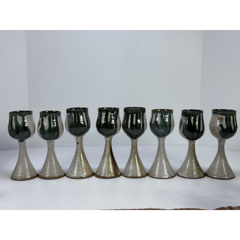 8 VTG Studio Art Pottery Glazed Stoneware Handmade Wine Chalice Goblets S. Davis